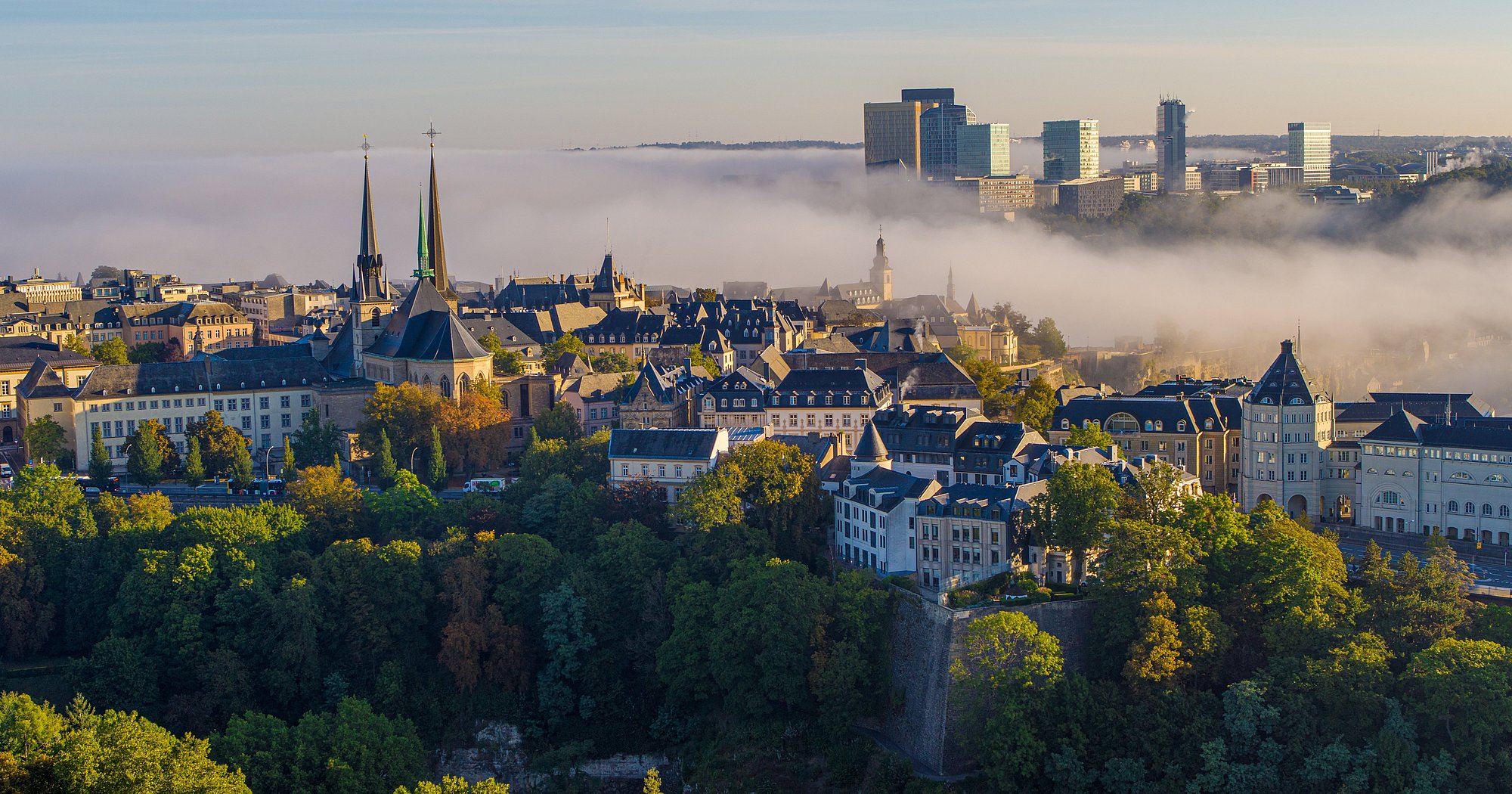 Luxembourg old town in morning fog
