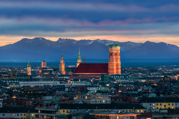 Munich at dusk beneath the Alps